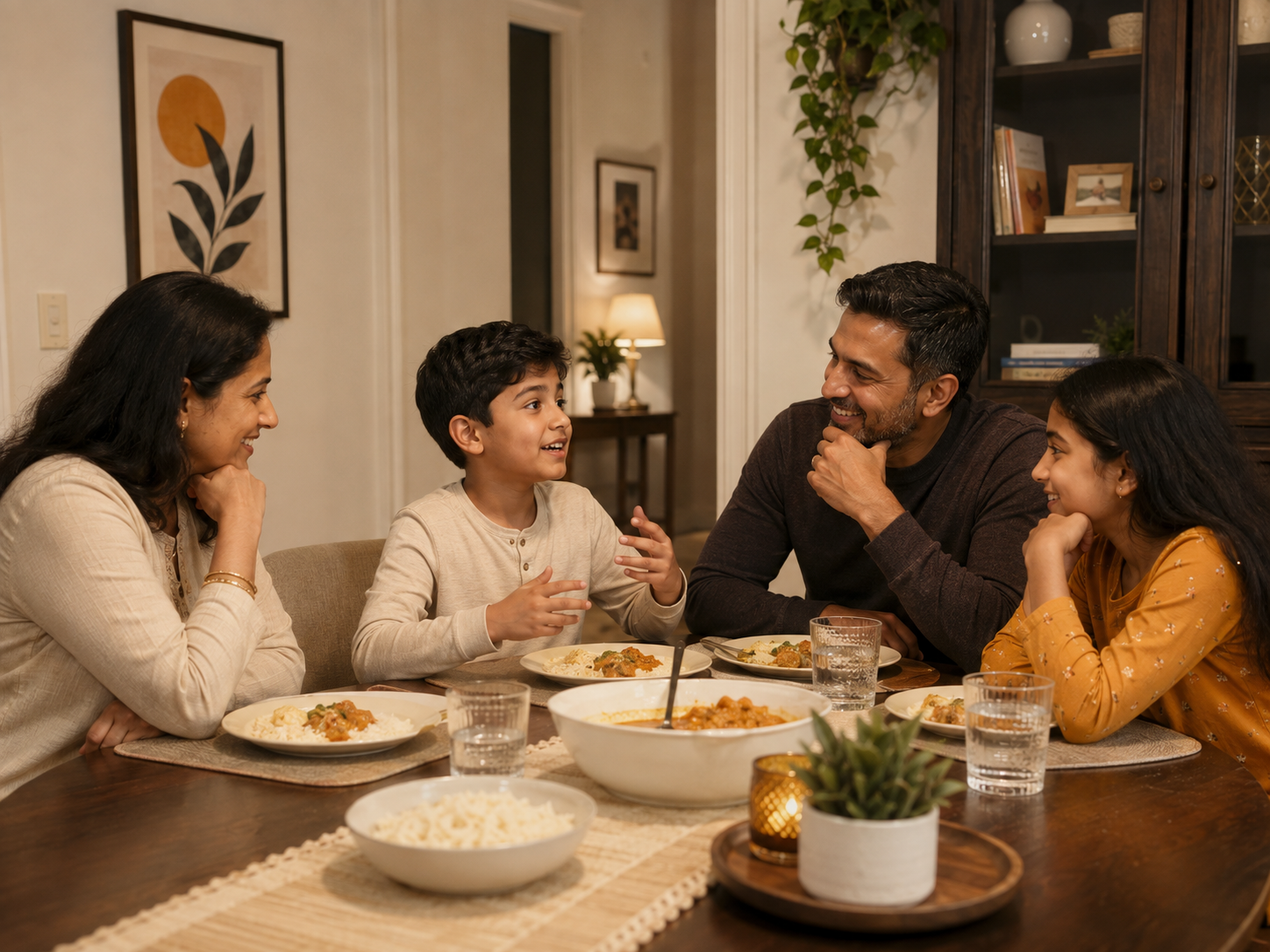 Three generations of a family talking and laughing around the dinner table, a boy mid-conversation.