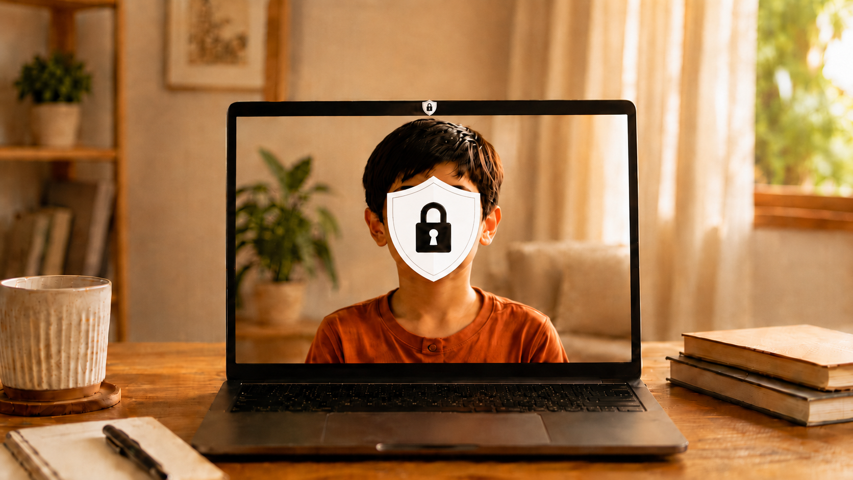 A child on a laptop video call, their face protected by a padlock shield, illustrating that the tutor is audio-only and never sees your child.